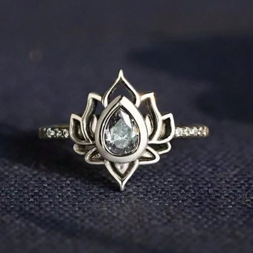 Silver Lotus Ring with Crystal Accent